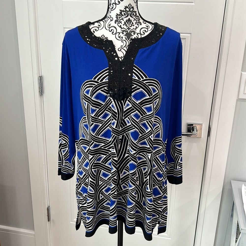 JM Collection Top Womens 2X Blue Beaded V-Neck Blouse Stretch Ladies